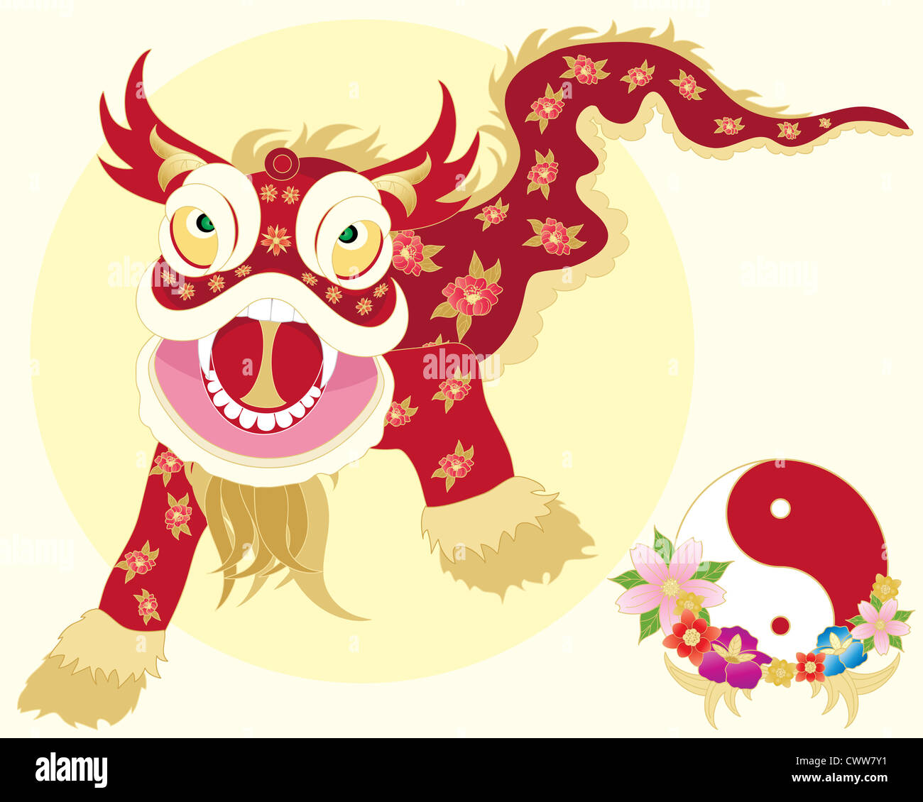 an illustration of a traditional chinese dragon dance with yinyang symbol and flowers on a pale yellow background Stock Photo