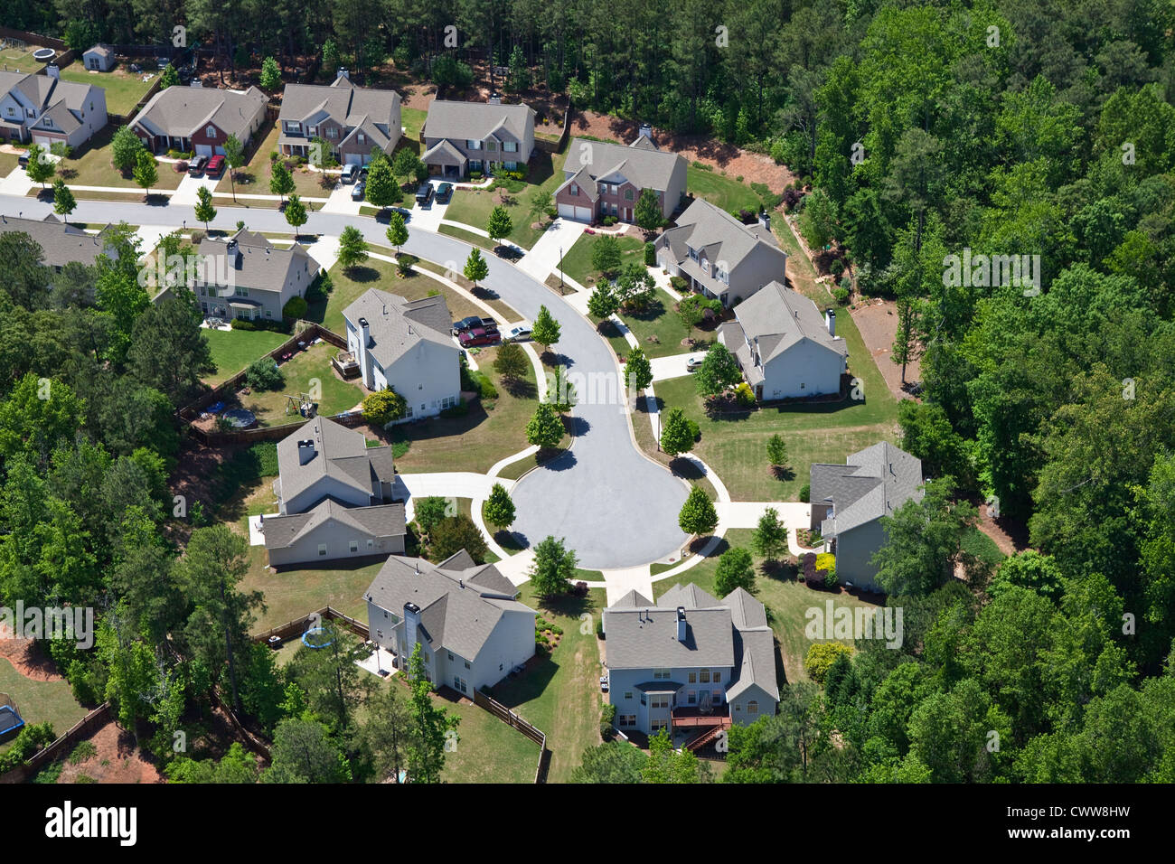 Modern comfortable middle class neighborhood aerial in the southeastern USA. Stock Photo