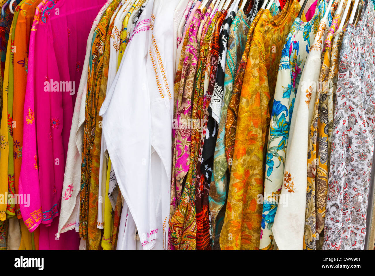 Indian shirts hang in an arcade in 'Santa Barbara', California Stock Photo