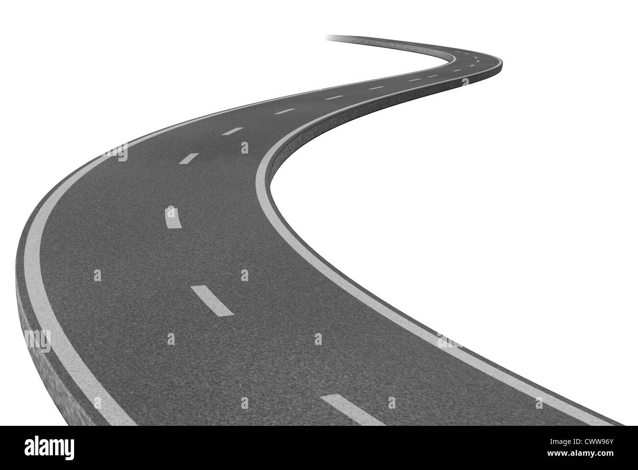 Curved highway road representing the concept of a planned strategic journey to a goal related destination represented by a single paved pathway with two lanes. Stock Photo