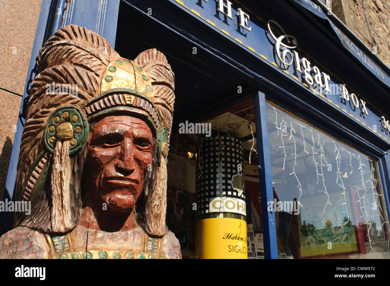 Wooden statue of an American Indian, outside a cigar shop on The Stock