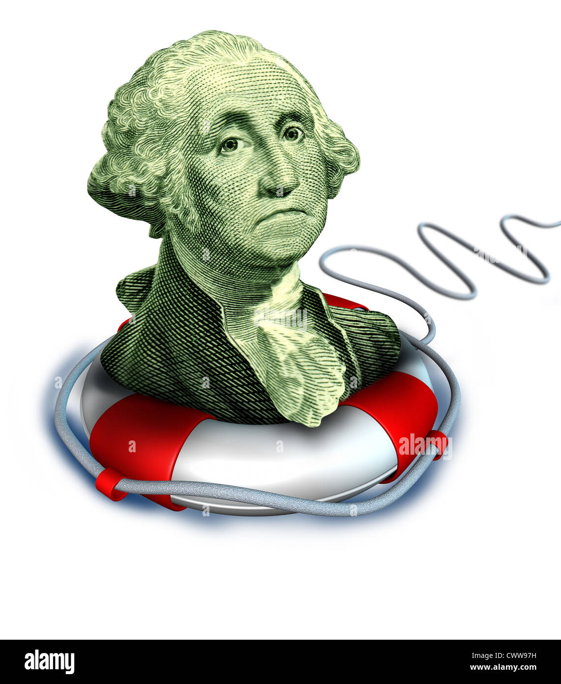 Drowning dollar bill symbol featuring the vintage portrait of George Washington with a life preserver saving the downgraded American currency during a dangerous recesion and U.S. economy. Stock Photo