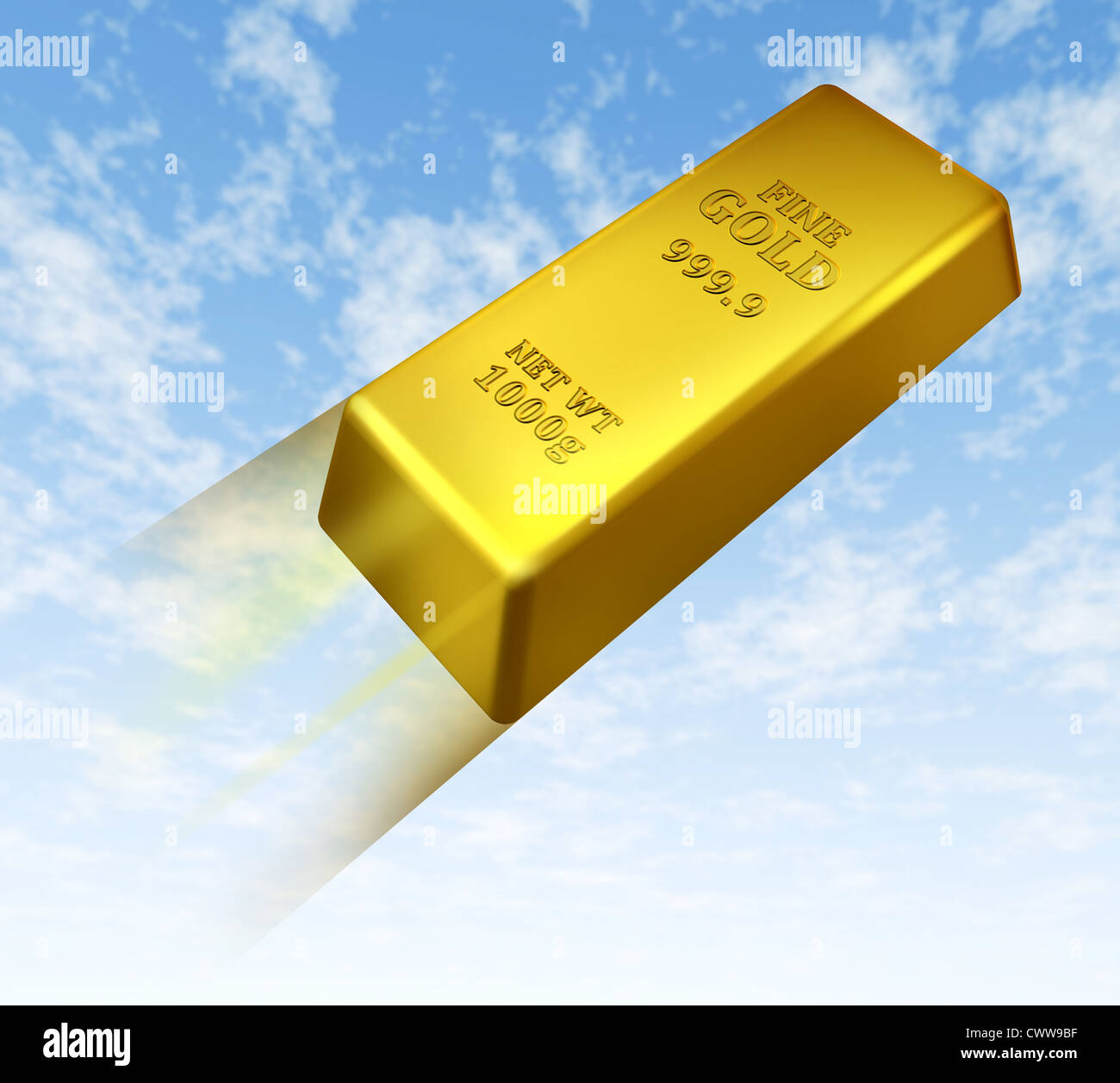 Rising price of gold represented by a gold bar going up in the sky