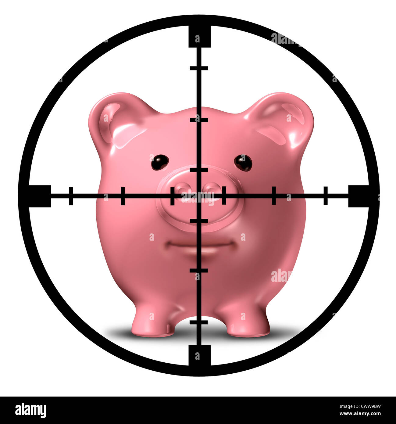 Hunting for specials and aim to save symbol of finance represented by a pink piggy bank with an aiming weapon crosshair representing the safest and most profitable economic strategies for business and home. Stock Photo