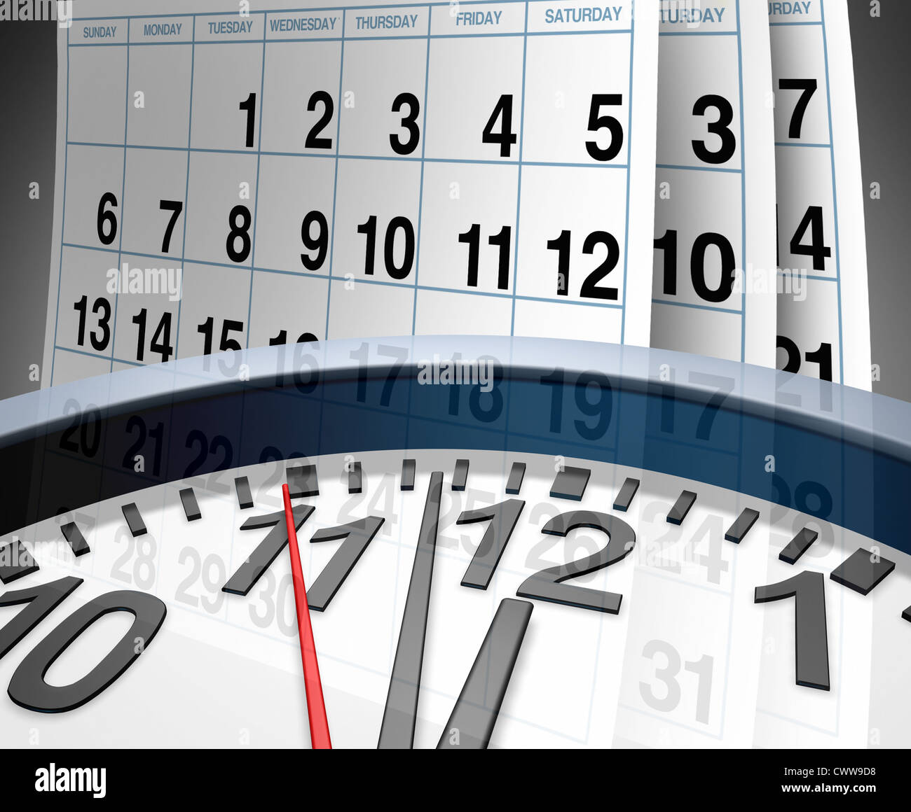 Deadlines and schedules of events and important dates represented by a calendar and a clock showing the concept of appointments Stock Photo