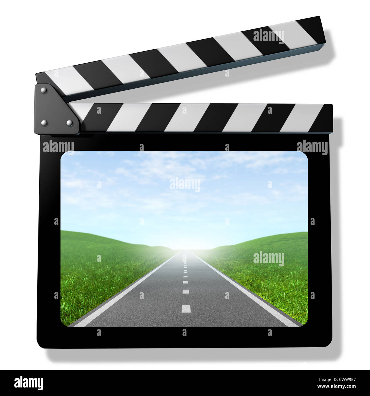 Family trip video symbol featuring a clap bopard film slate and a road with a sky. Stock Photo