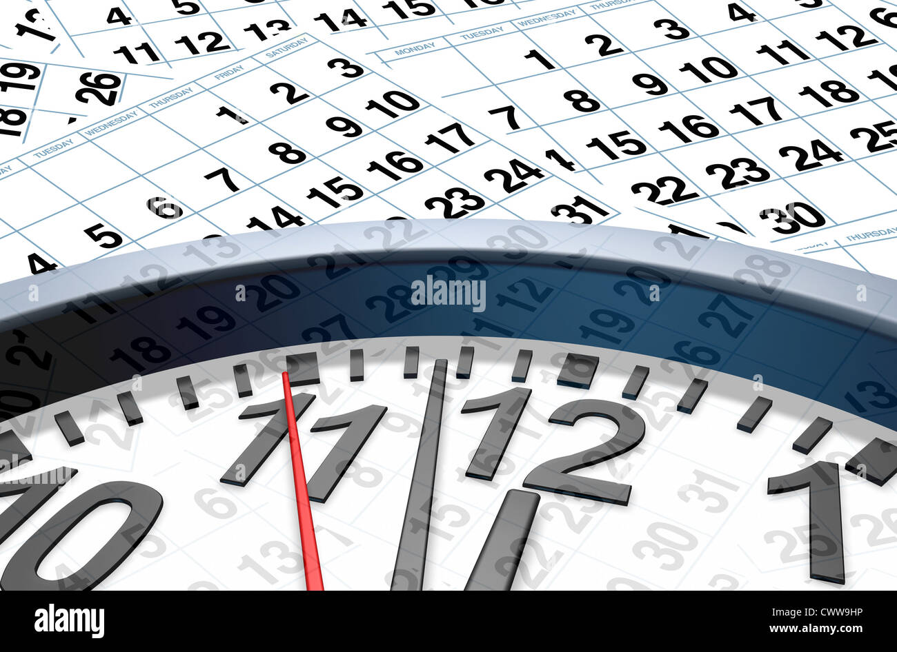 Time and date with calendar pages representing important dates in a month or days of the week represented by individual pages with numbers. Stock Photo