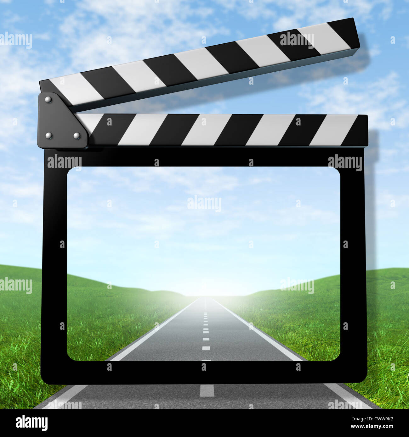 Travel video symbol representing the concept of traveling on a road and taking video of the vacation trip for business or family represented by a clapboard film slate with a road and sky. Stock Photo
