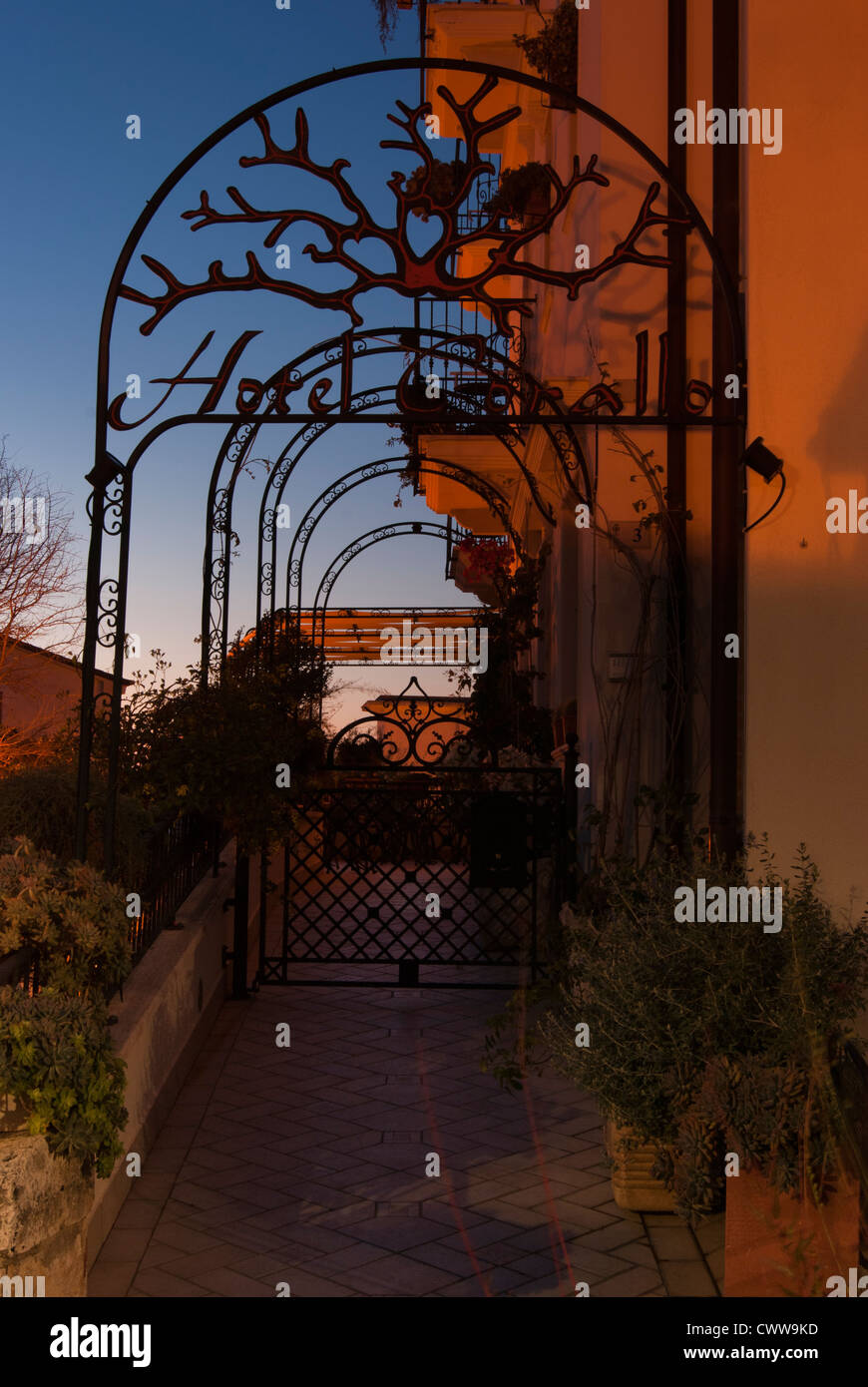 Decorative Wrought Iron Gateway, Hotel Corallo, Sperlonga, Italy Stock