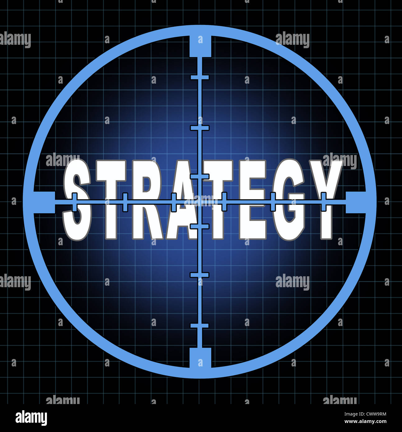 Strategy and focus on business goals and planning represented by an aiming crosshairs with the text showing the concept to see clearly the strategic aim and passion to acheive planned success. Stock Photo