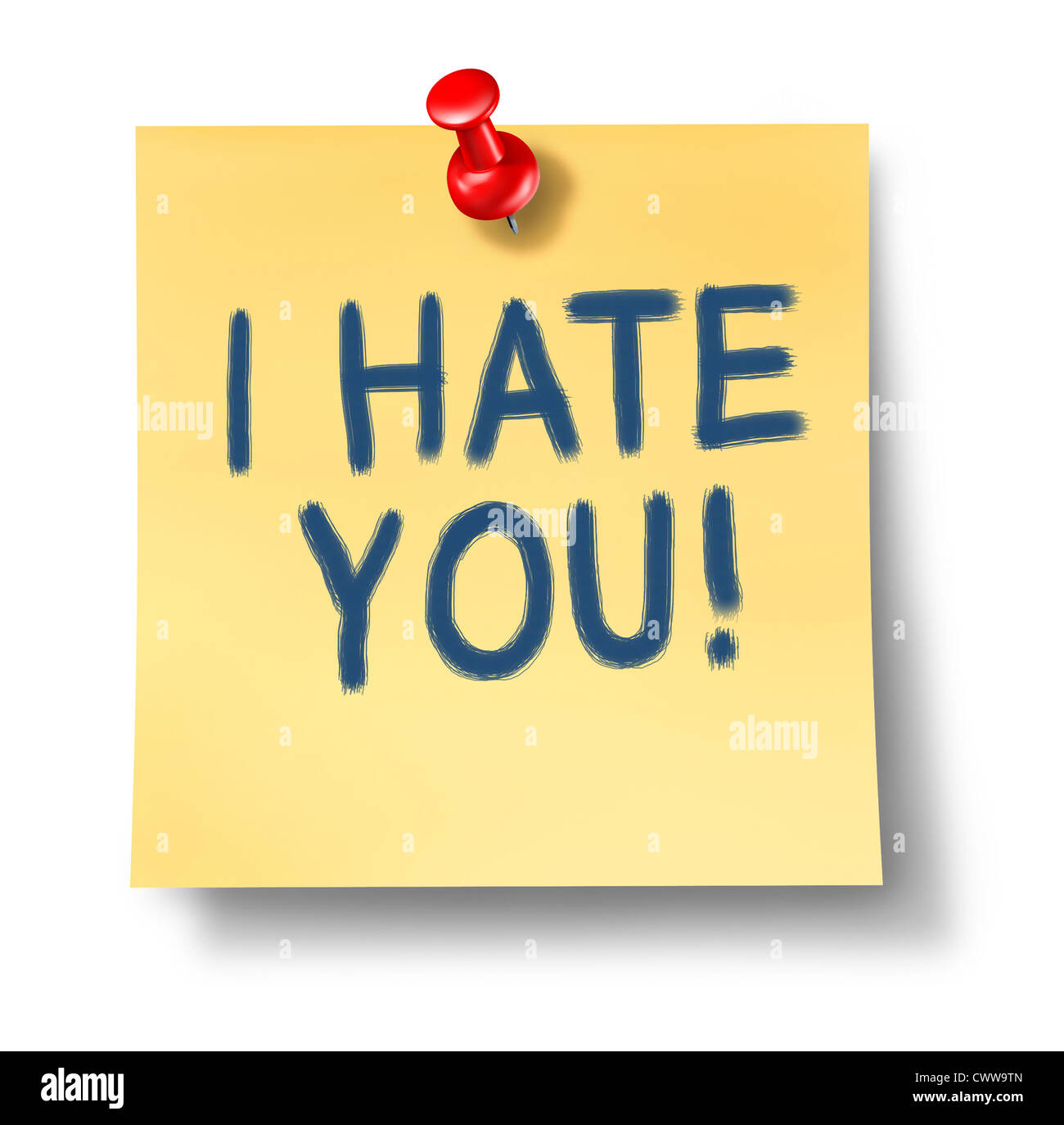 I hate you paper note reminder with red thumb tack representing the concept of bitter hatred that can ruin your mental health and resut in sadness and anger sometimes caused by nasty bullying brain illness. Stock Photo