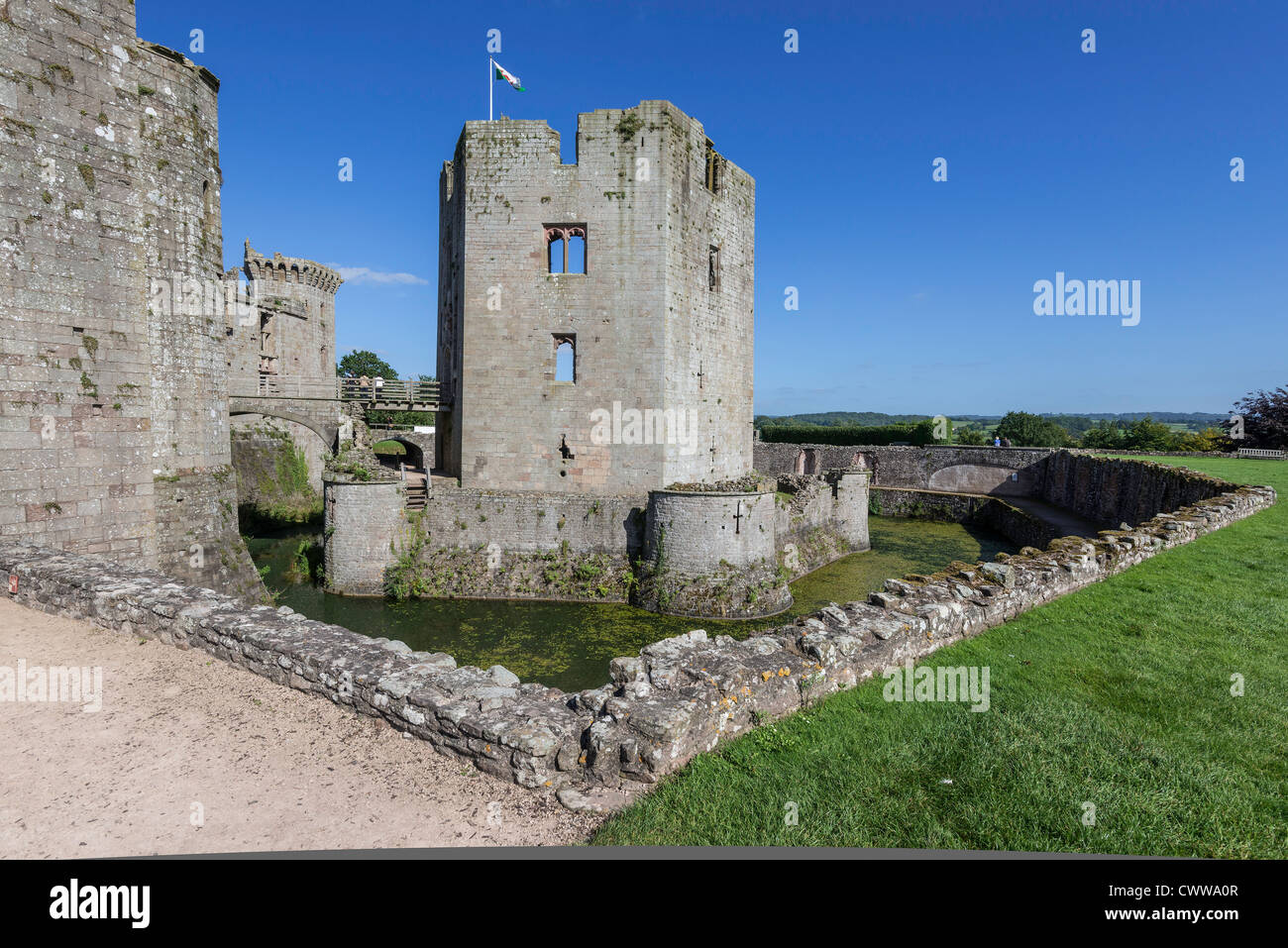RAGLAN CASTLE MONMOUTHSHIRE WALES IN SUMMER SHOWING THE RUINED GREAT TOWER Stock Photo