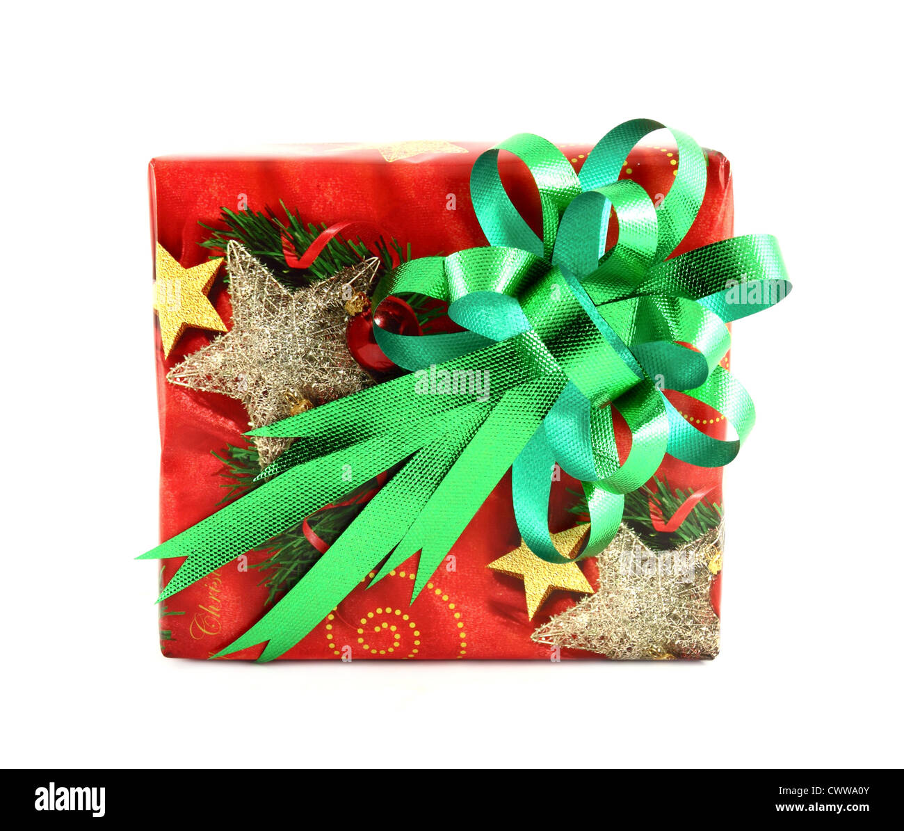 Christmas gift box with green bow isolated on white background Stock