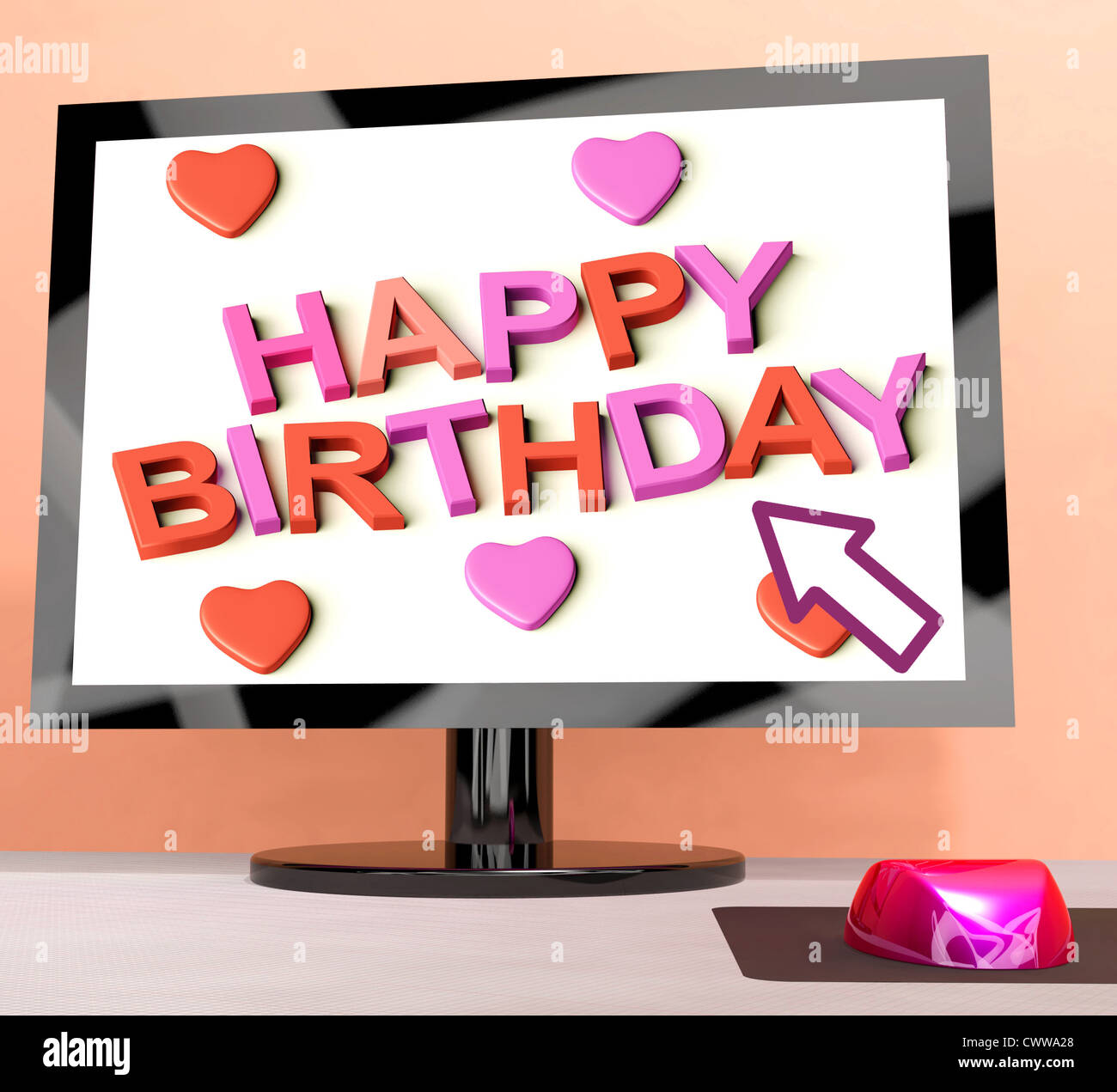 Happy Birthday On Computer Screen Shows Online Greeting Stock Photo - Alamy