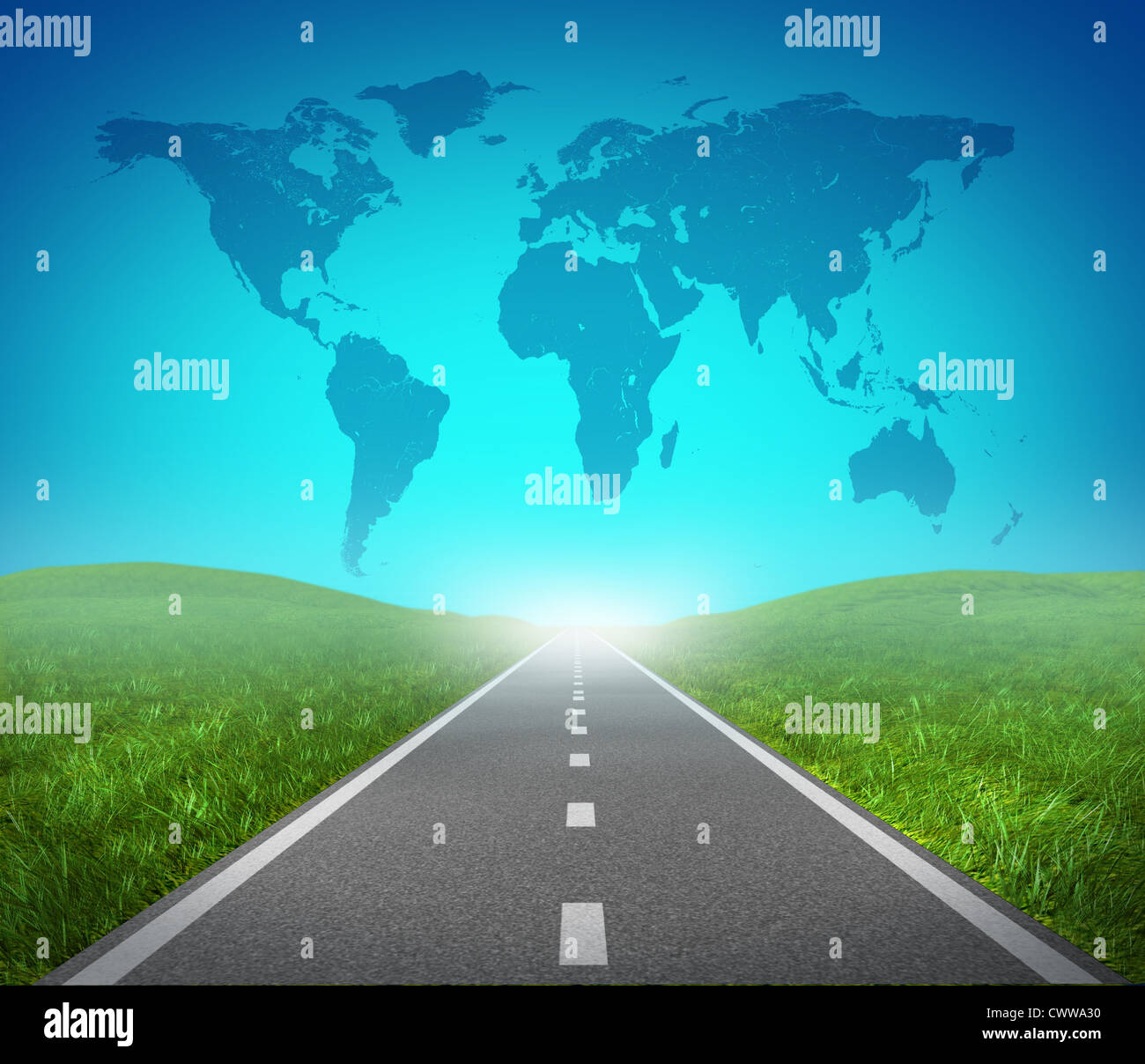 International road highway and global map with green grass and asphalt street representing the concept of journey to a focused international destination resulting in success in trade and political direction. Stock Photo
