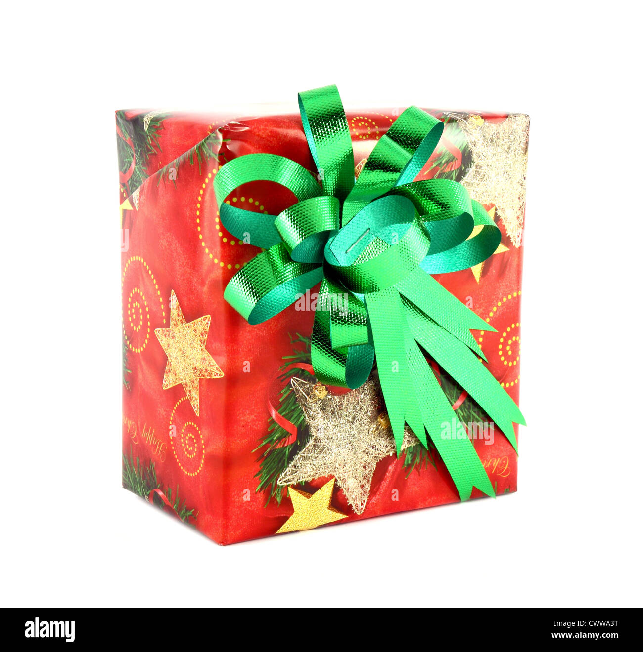 Christmas gift box with green bow isolated on white background Stock