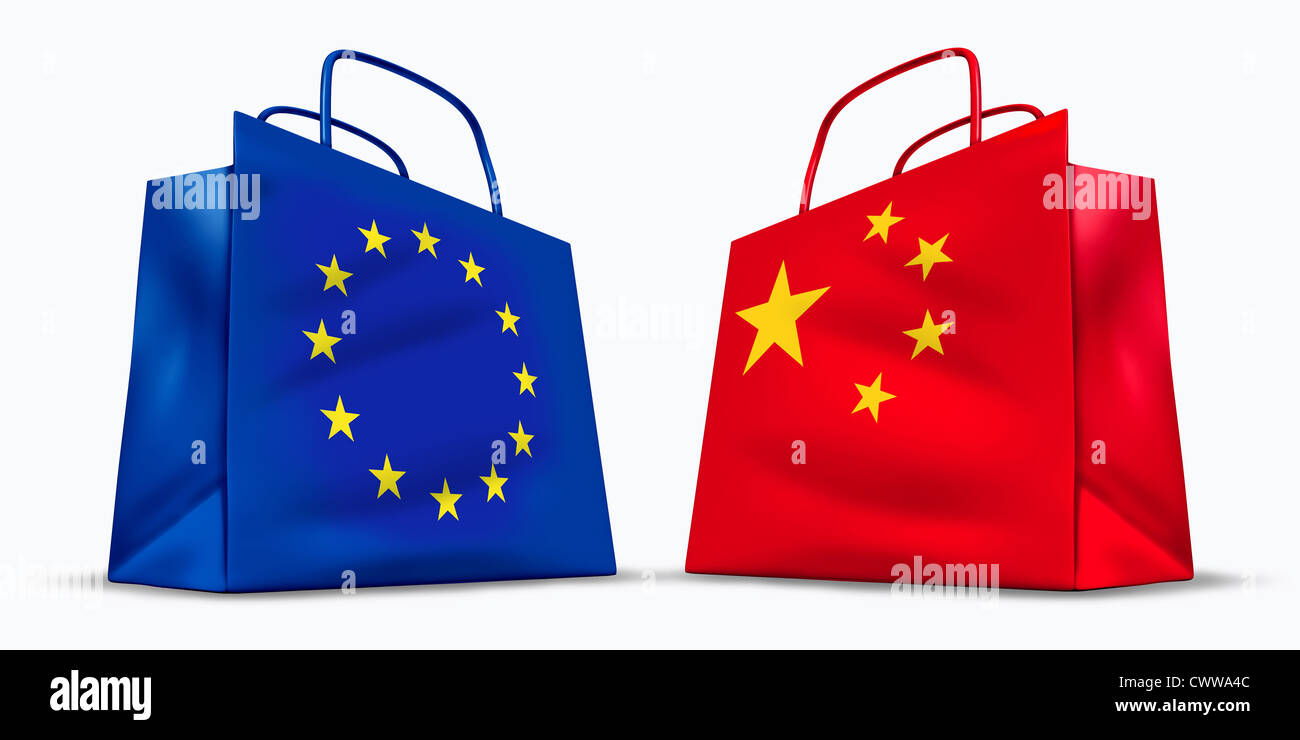 China and the European Union trade symbol represented by two shopping bags with the Chinese and the Europe flag with the stars symbol showing the concept of trading goods and services in international business sales. Stock Photo