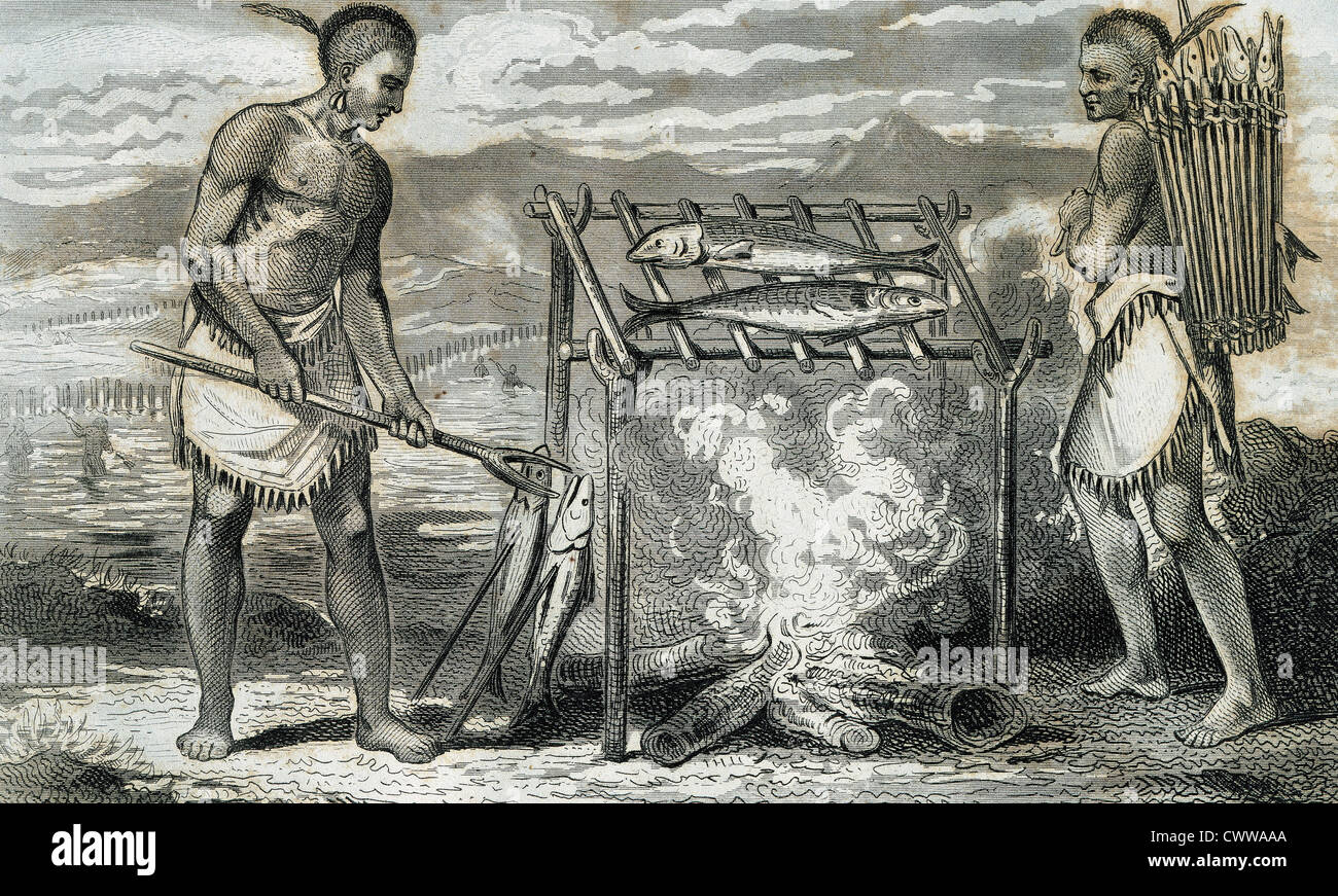 Native of North America. Ponca Indians roasting fish. French engraving, 1844 Stock Photo