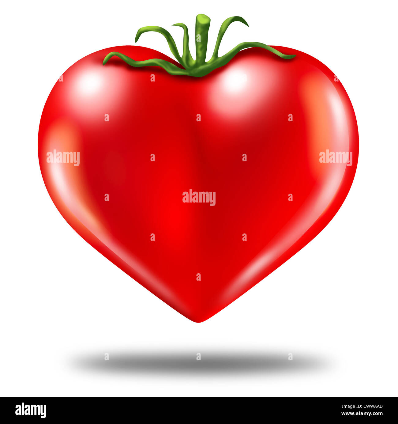 Healthy lifestyle symbol represented by a red tomato in the shape of a heart to show the health concept of eating well with fruits and vegetables. Stock Photo