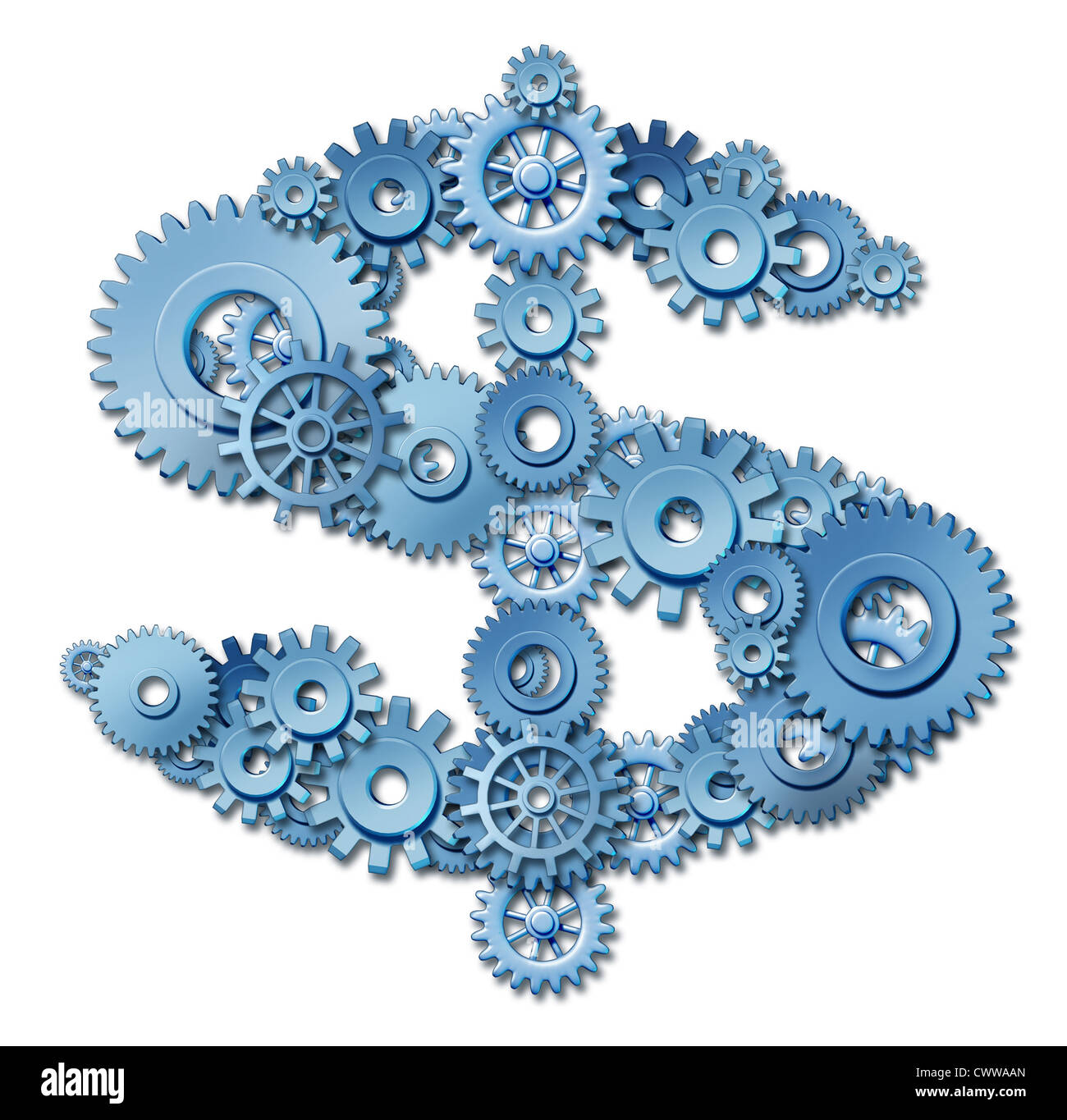 Making money and building wealth through connections and networking symbol represented by a shape of a dollar sign made of gears and coggs showing the concept of success and profits from manufacturing at factories and providing services. Stock Photo