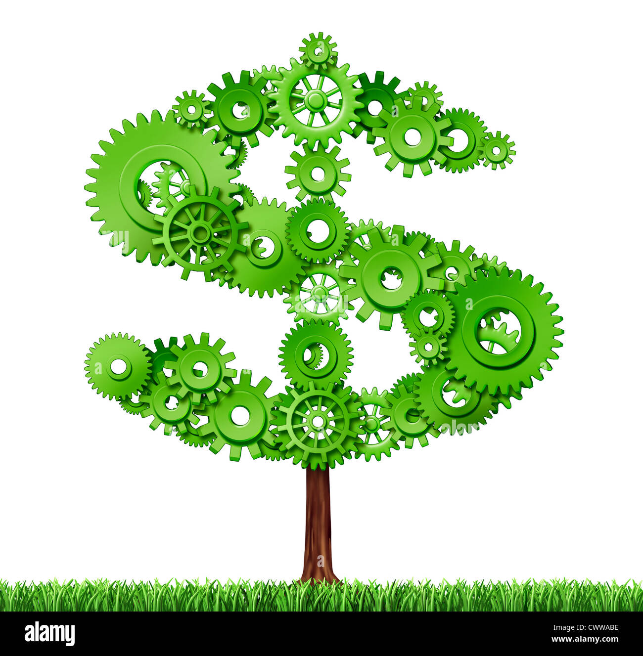 Making money and building wealth symbol represented by a growing tree in the shape of a dollar sign made of gears and coggs showing the concept of success and profits from manufacturing and providing services. Stock Photo