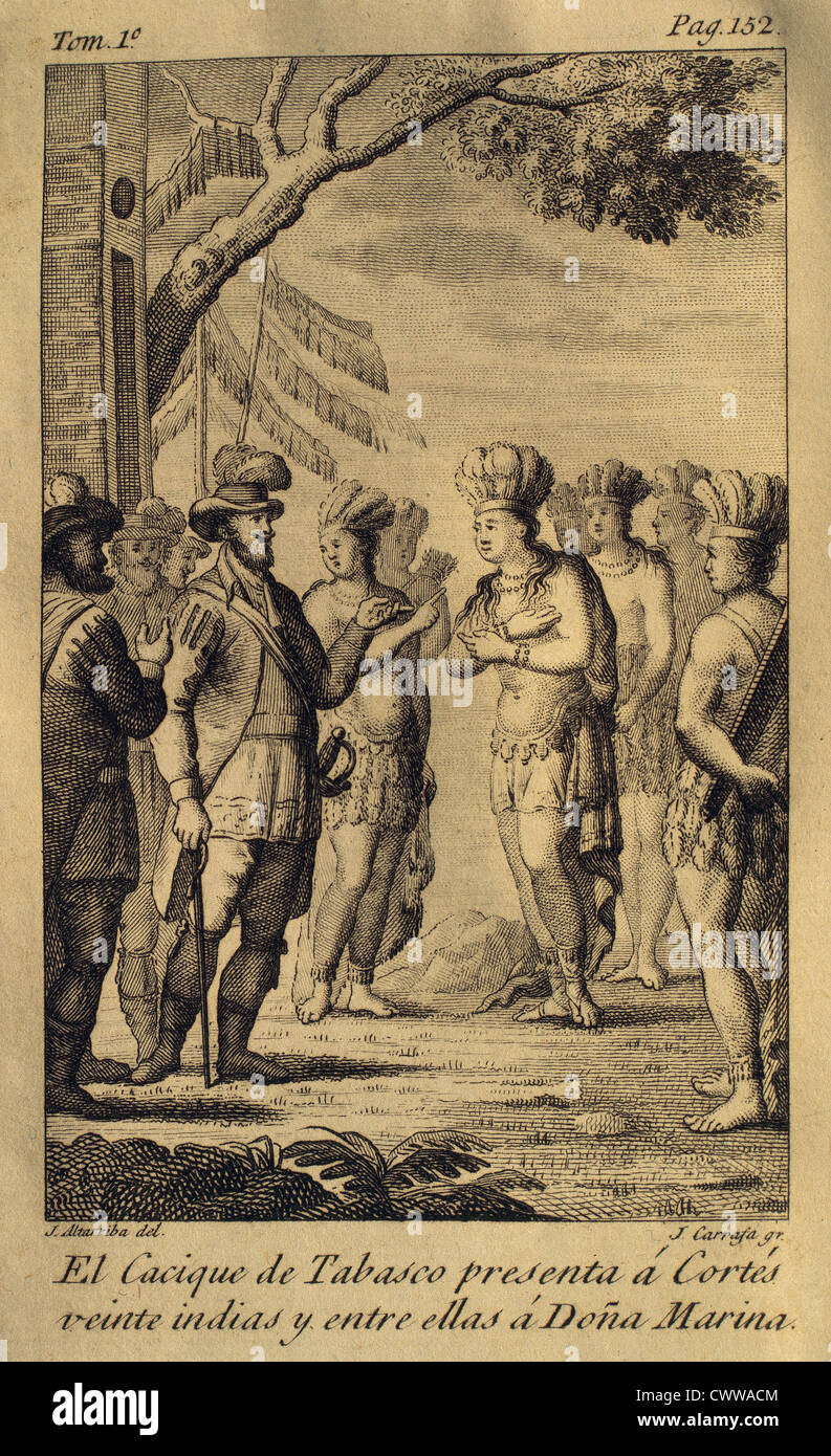 The cacique of Tabasco presents to Hernan Cortes twenty Indian and between they Dona Marina. Engraving, 1825. Stock Photo