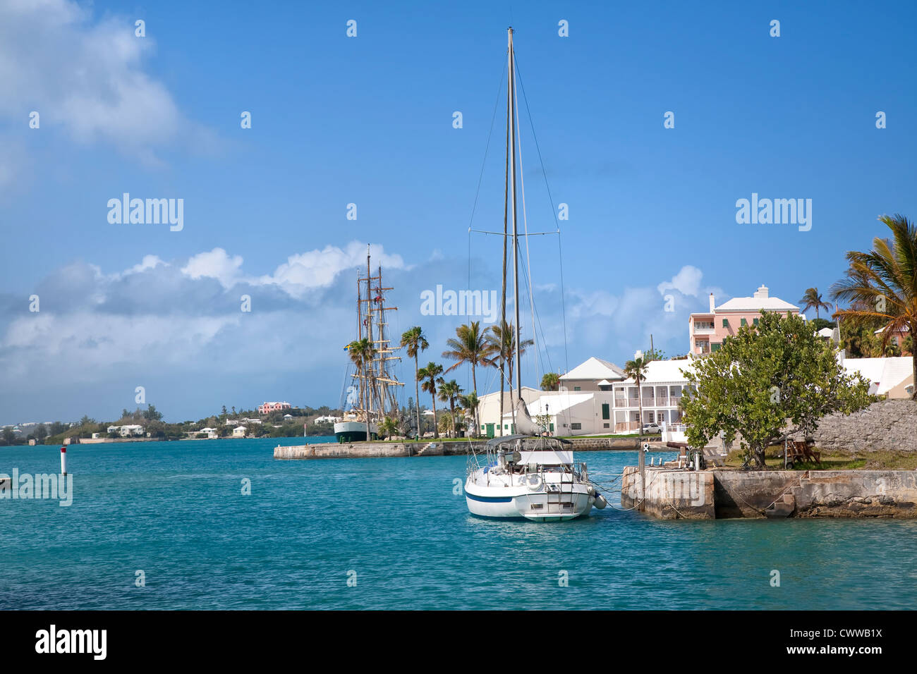 Sailing ships along the waterfront of the town of St. George's, Bermuda. Stock Photo