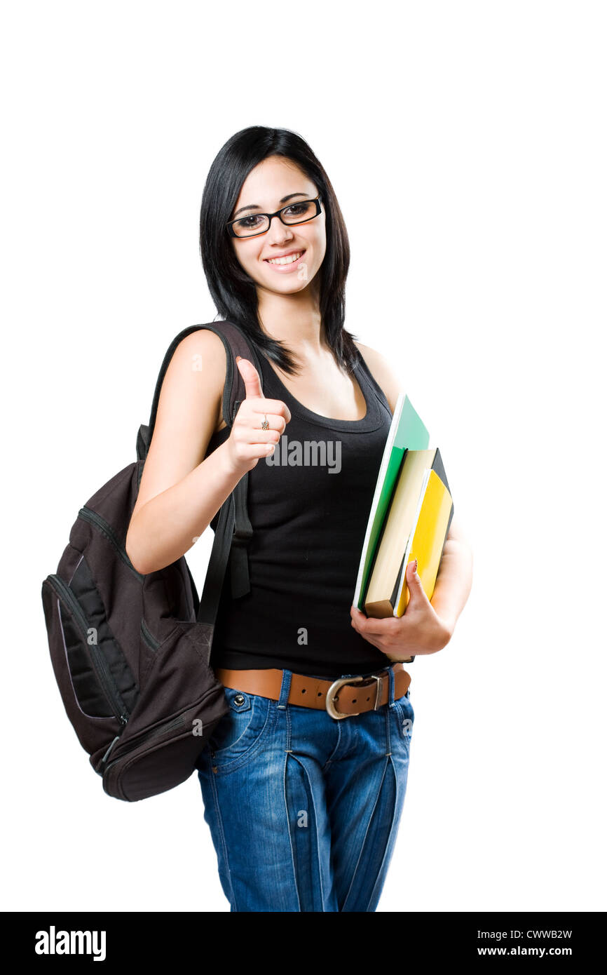 Portrait of a beautiful young student girl showing thumbs up isolated ...