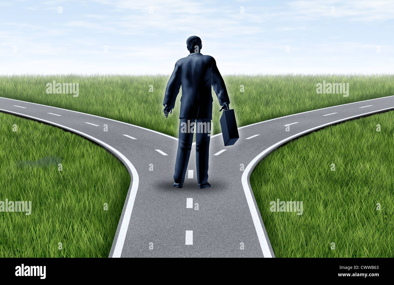 Career decision for a business man at a cross roads standing at a