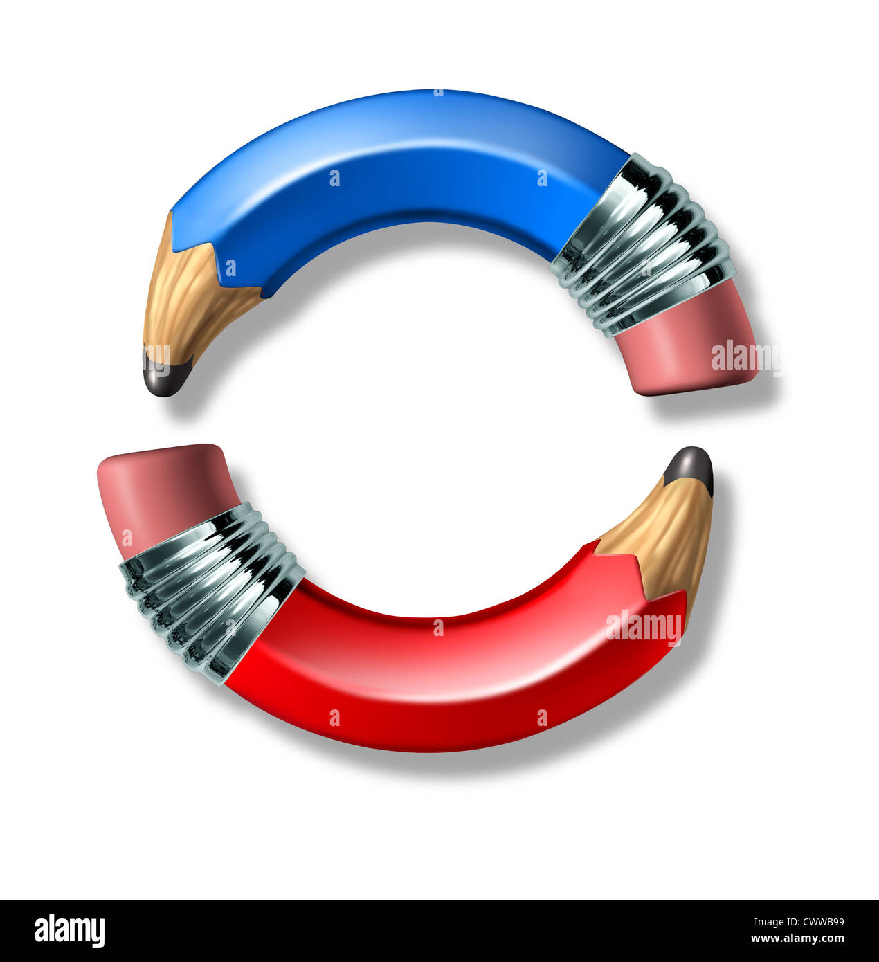 Blue and red curved pencil symbol representing politics and voting on a white background. Stock Photo