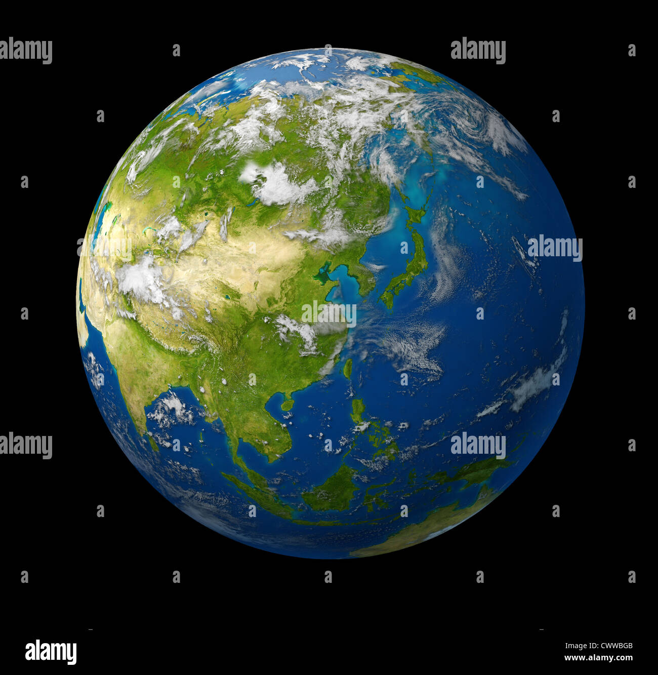 Earth model planet featuring the continent of Asia including China Japan Korea and India surrounded by blue ocean and clouds on Stock Photo