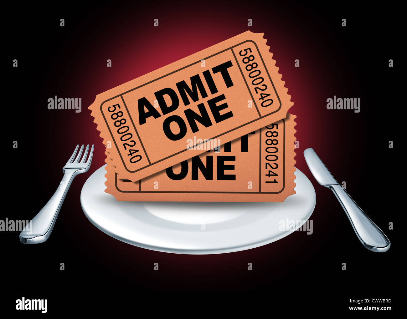 Dinner theater symbol represented by movie tickets for an entertainment