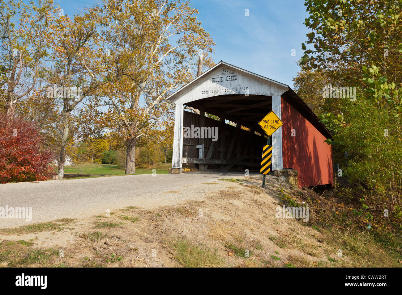 Billie Creek covered bridge at Billie Creek Village in Rockville, Indiana Stock Photo