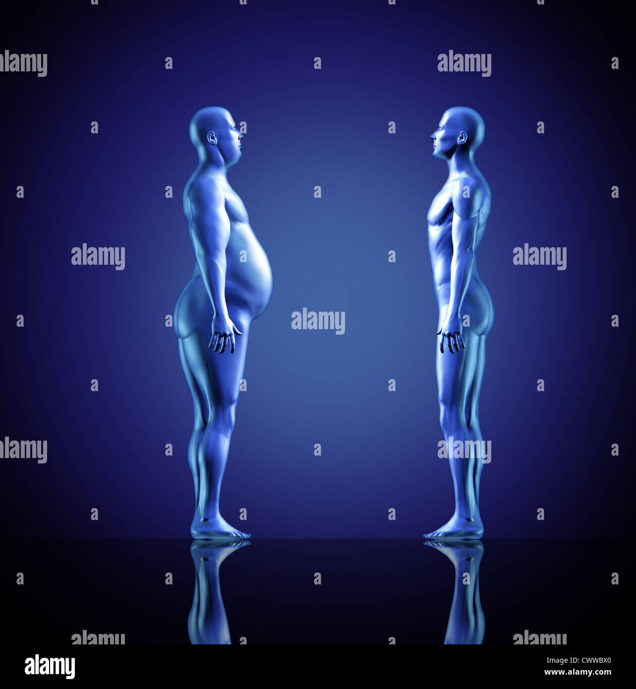 Dieting and losing weight symbol with an over weight man facing a normal fit human representing the concept of eating disorder and nutrition for a healthy lifestyle. Stock Photo