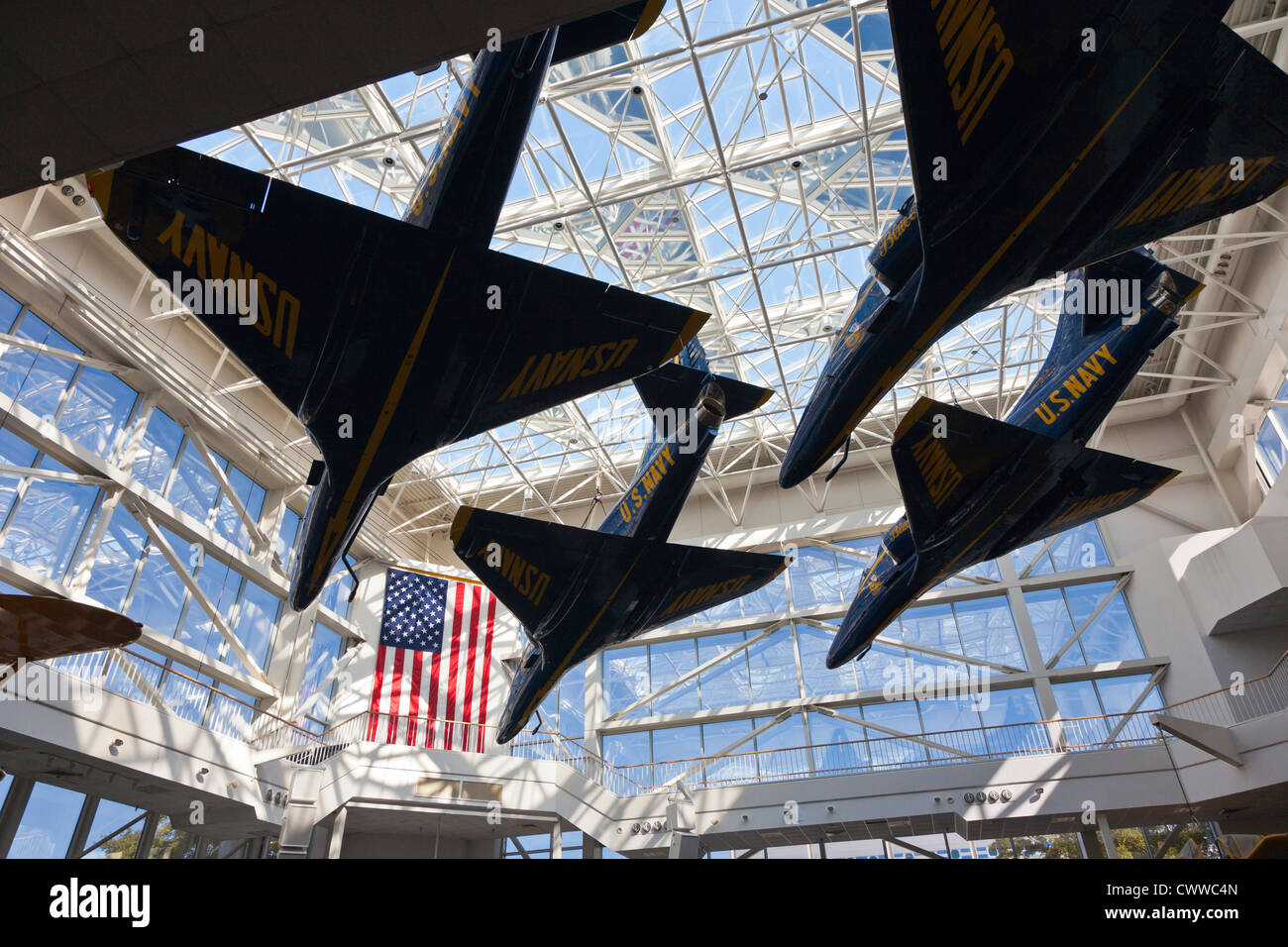 Four former Blue Angel A-4 Skyhawk aircraft in the National Museum of Naval Aviation in Pensacola, FL Stock Photo