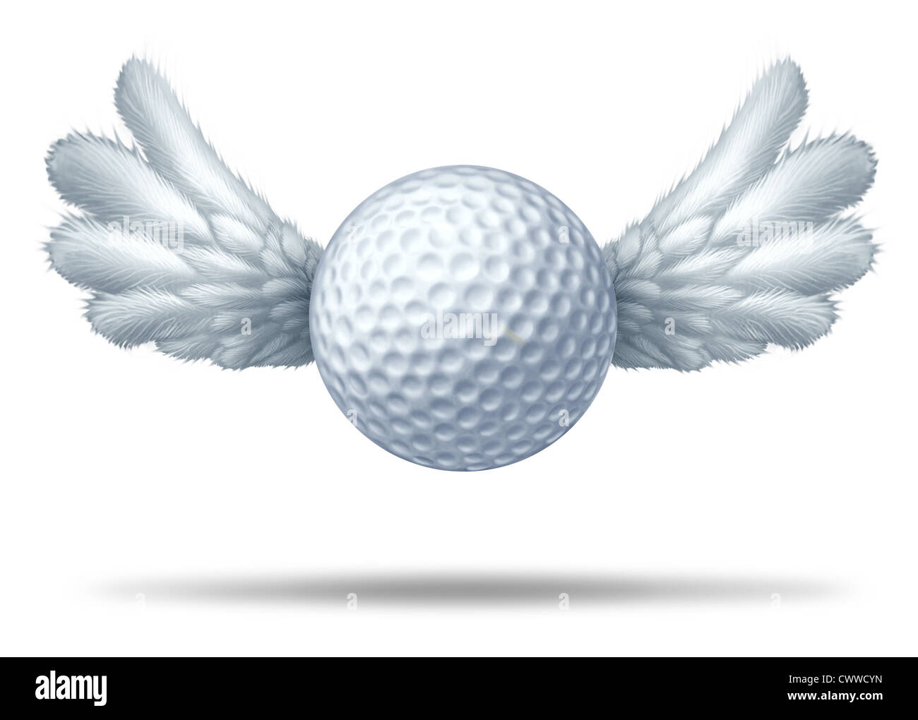 Golf pro and golfing professional symbol represented by a white golf ball with wings flying upwards showing the concept of golfing sports competion winning and golf course game activity. Stock Photo