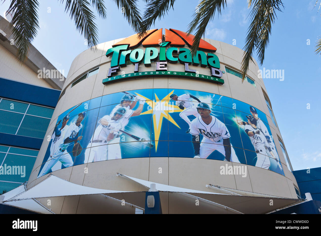 Logo and display above entrance to Tropicana Field Stadium in St. Petersburg, Florida Stock Photo