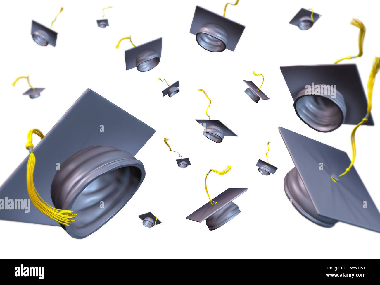 Graduation hats thrown in the air as a celebration with a traditional