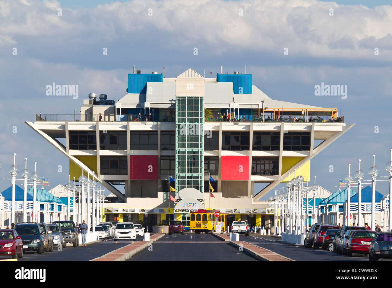 Bus trolley carries visitors to the St. Petersburg Pier aquarium, shops