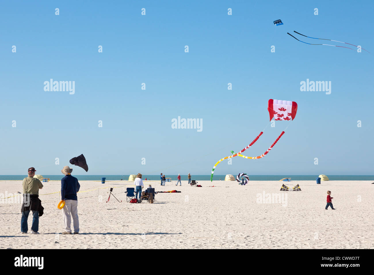 Kites flying over beach at the Treasure Island Kite Festival in