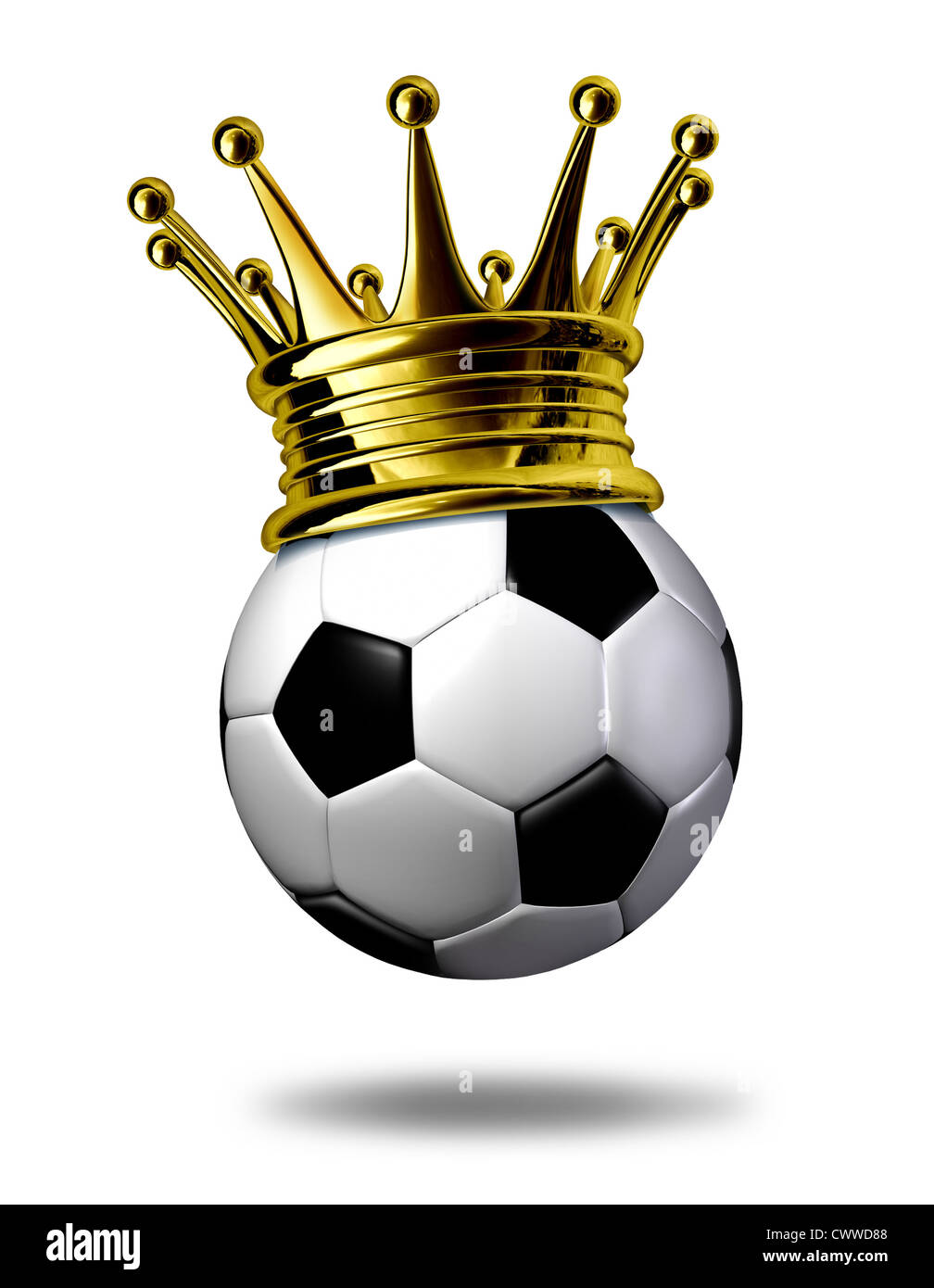 Soccer champion symbol represented by a golden crown on a black and white soccer ball or as called in Europe a football representing the winning of a tournament or game. Stock Photo