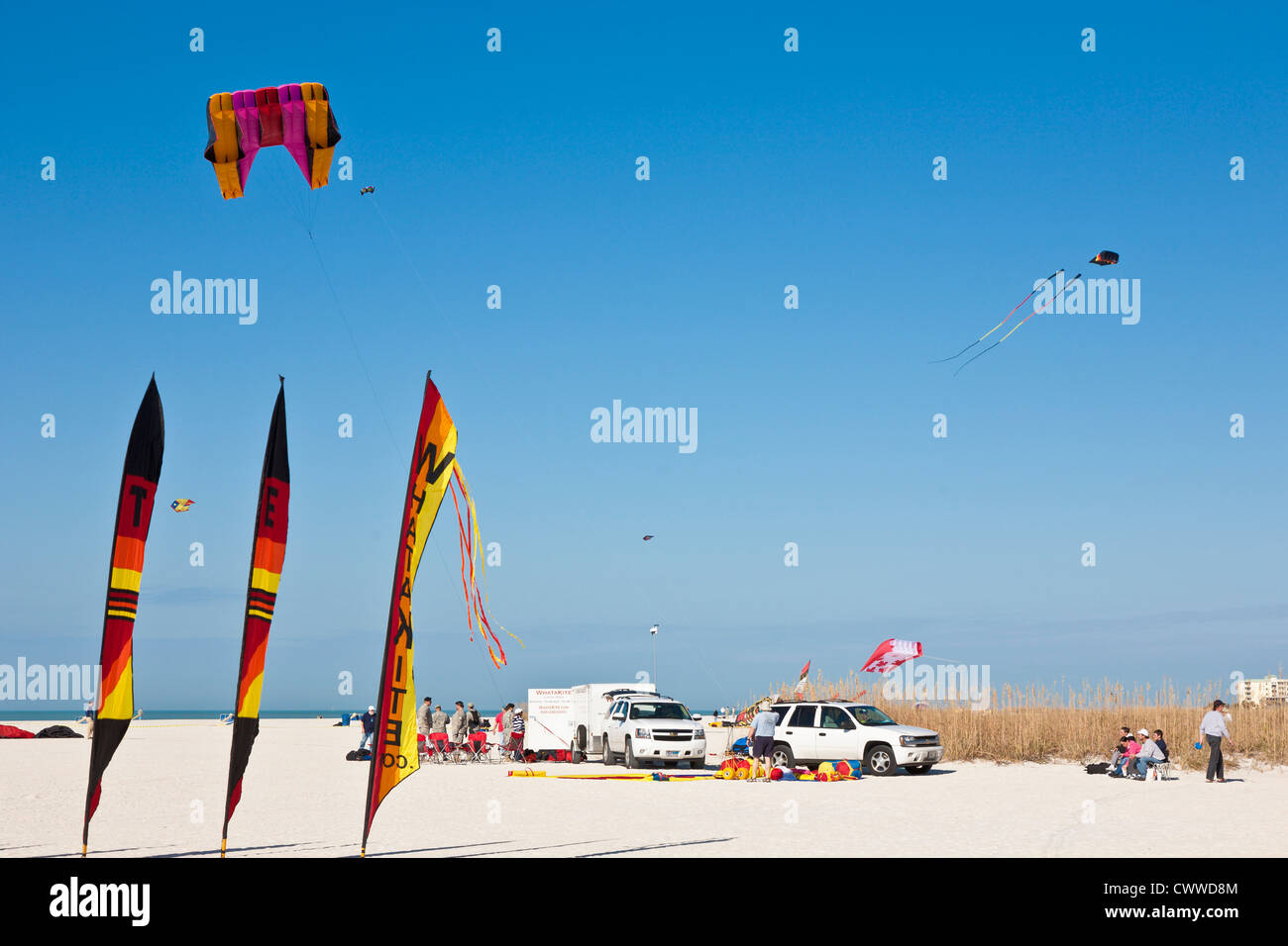 Kite teams set up on beach at the Treasure Island Kite Festival in