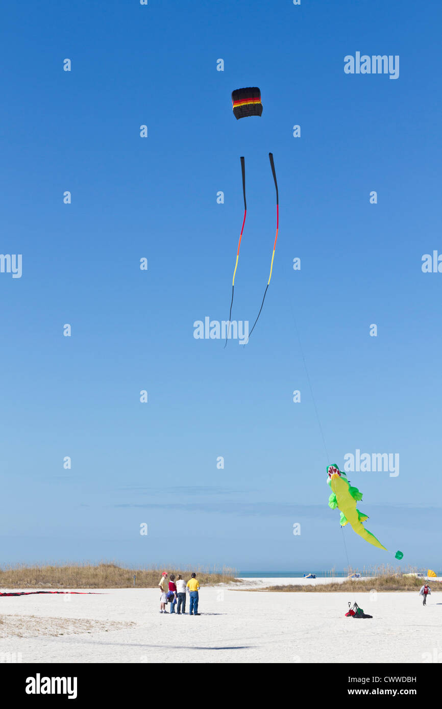 Kites flying over beach at the Treasure Island Kite Festival in