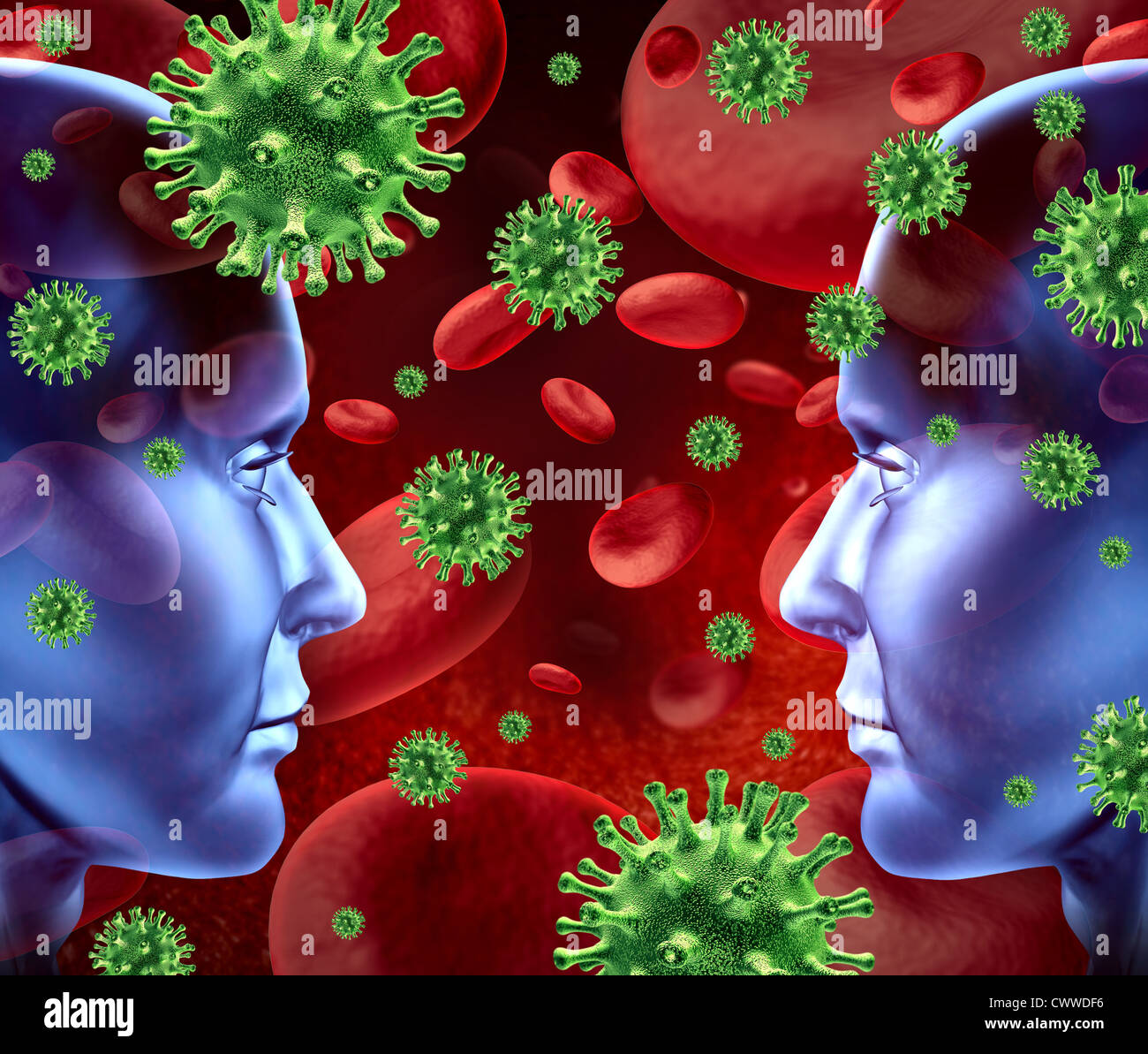 Contagious viral disease in the blood symbol representing a medical health concept of bacterial transfer and spread of infection Stock Photo