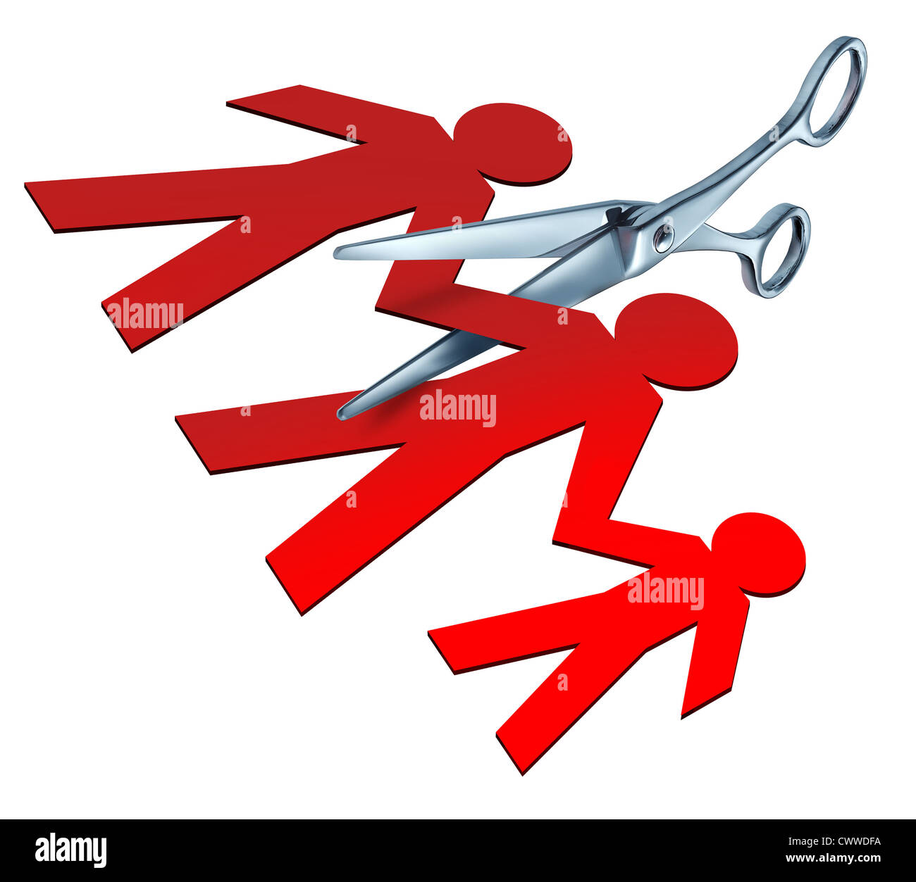 Broken family and child custody after a bitter divorce and separation represented by a pair of metal scissors cutting apart a family of red paper cut outs of a mother father and child showing the concept of division and alienation. Stock Photo