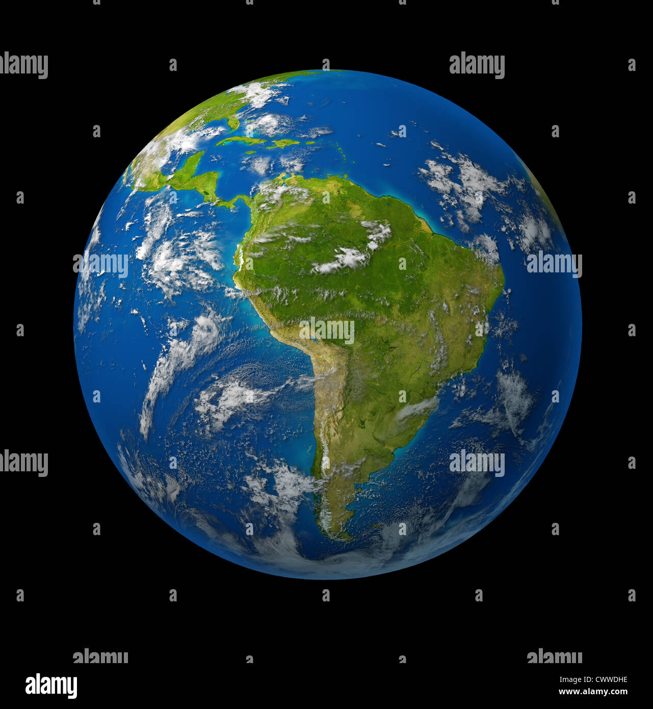 South America earth globe planet on black space background featuring america and latin american countries surrounded by blue ocean and clouds. Stock Photo