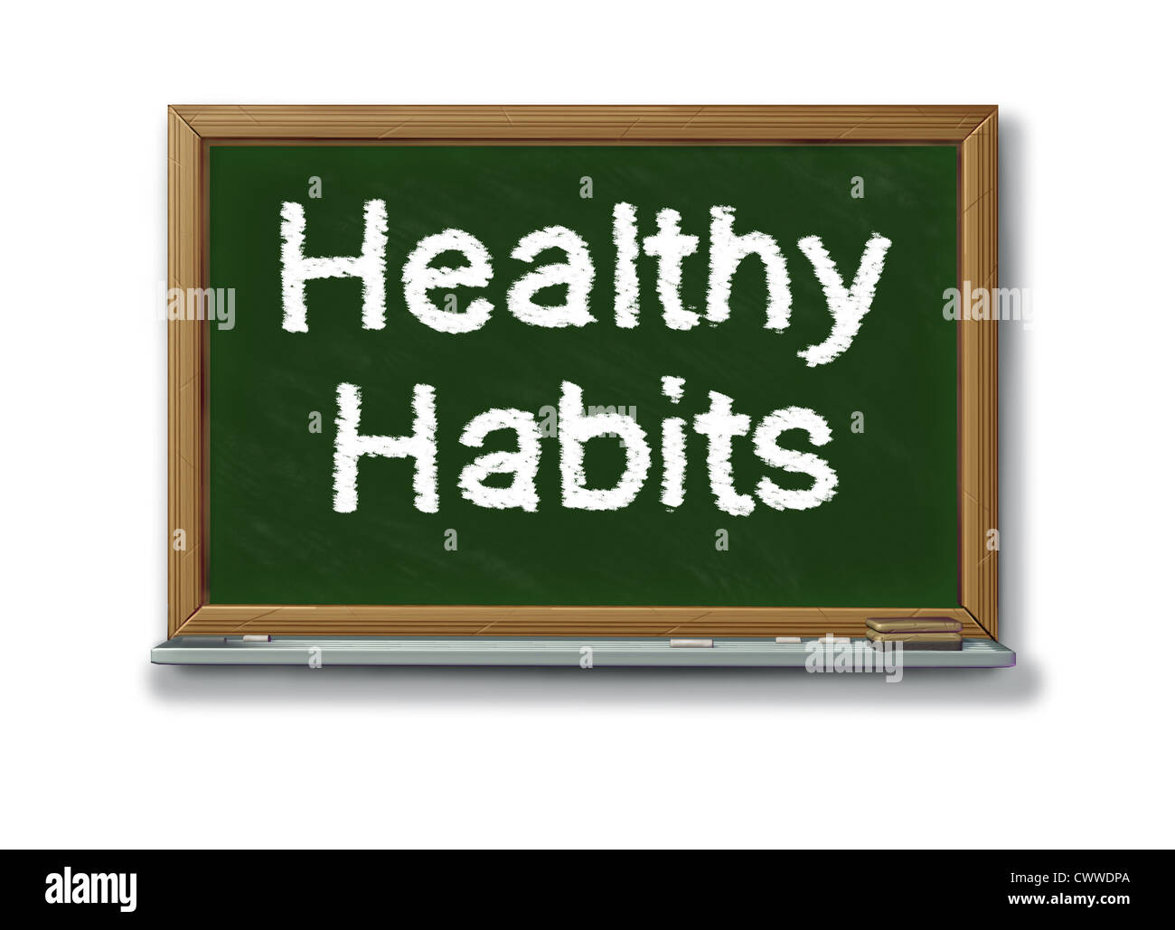 Healthy habits on a school black board representing the concept of good health oriented behavior routine that involves mental and phisical health choices for human well being and a successful lifestyle. Stock Photo