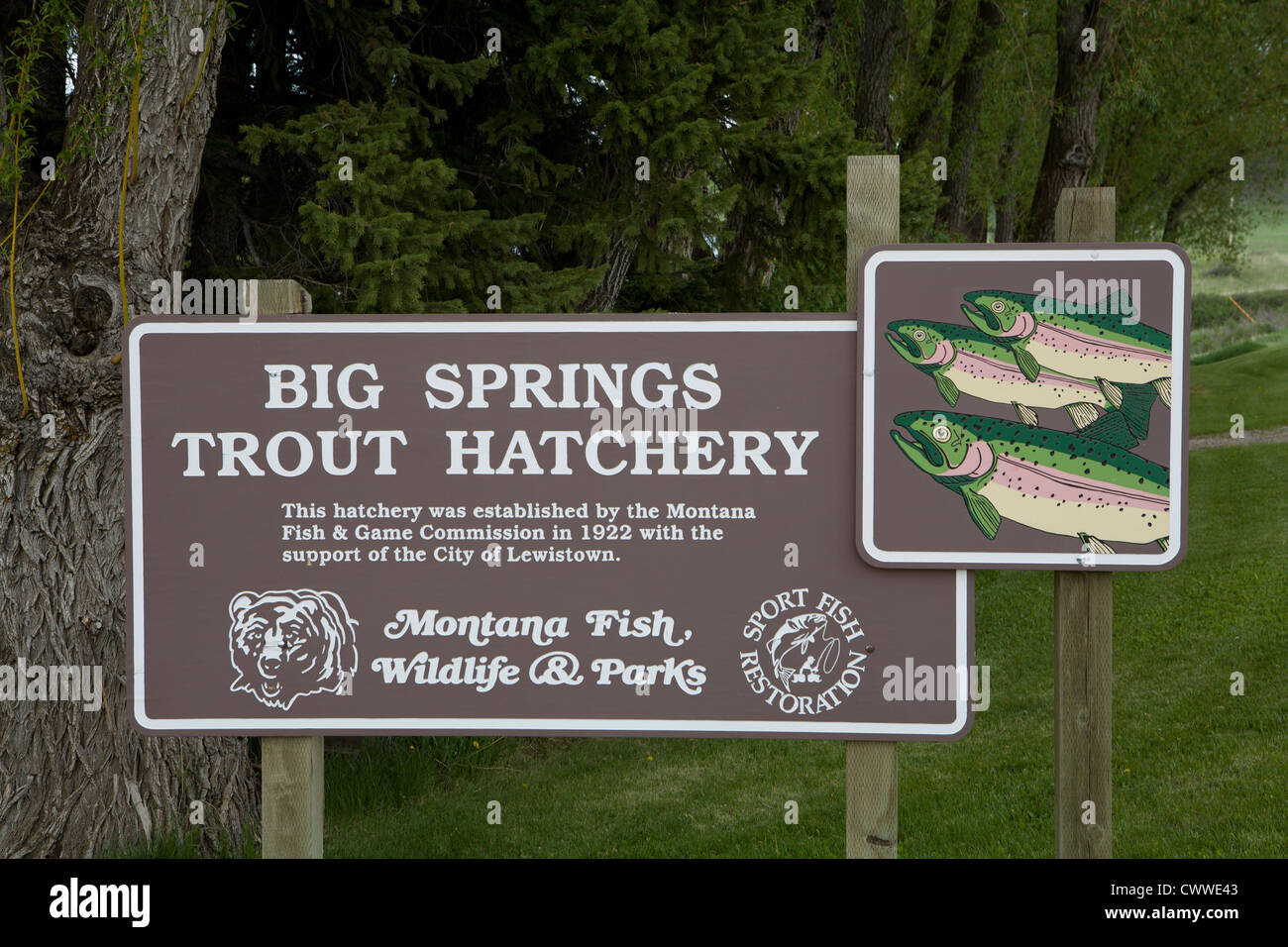 Big Spring Fish Hatchery sign, Lewistown. MT Stock Photo Alamy