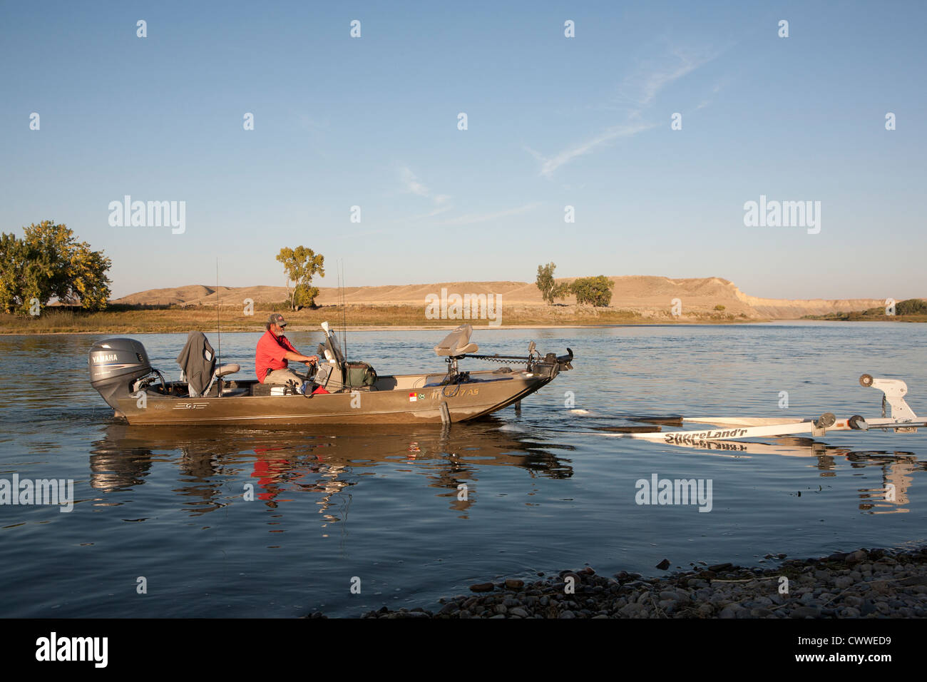 A fisherman loads his jet boat on the trailer at Wood Bottom Recreation