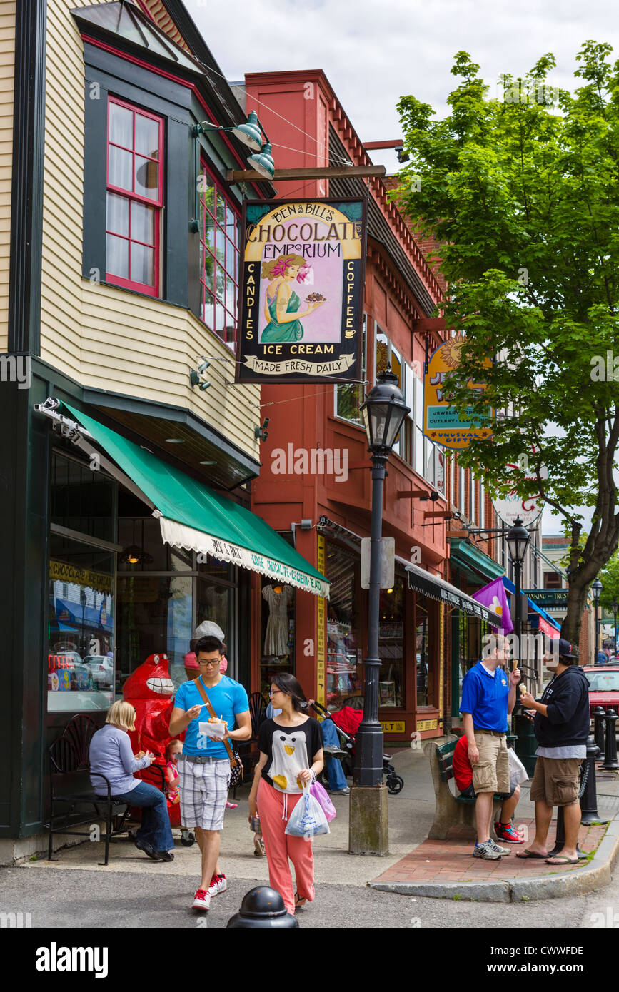 Shops on Main Street in Bar Harbor, Mount Desert Island, Maine, USA
